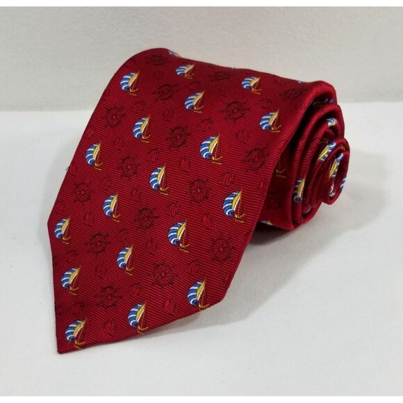 Jos. A. Bank Mens Necktie Nautical Sailboat & Anchor Silk Tie Red Hand Sewn - Picture 3 of 8